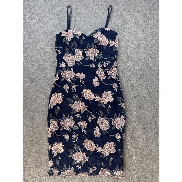 Lulus Dress As Time Grows By Navy Blue Floral Embroidered Bodycon Size Small - Picture 2 of 12